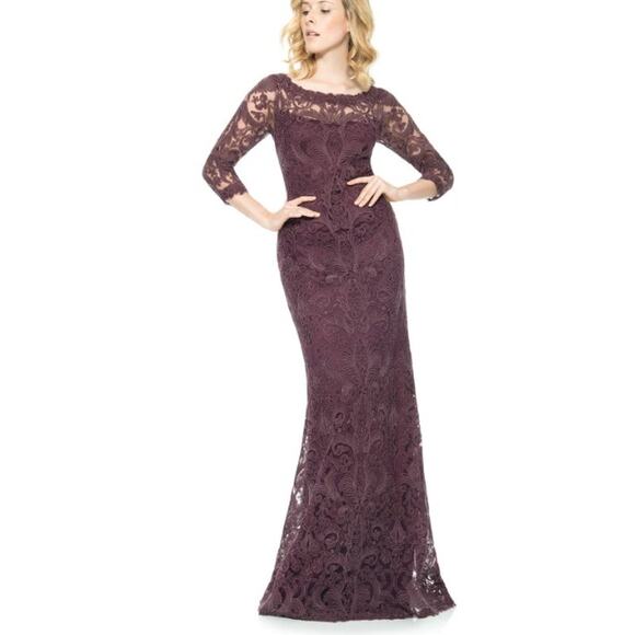 TADASHI SHOJI Corded Embroidery Formal Gown 10 Burgundy 3/4 Sleeve Maxi Dress - Picture 3 of 16